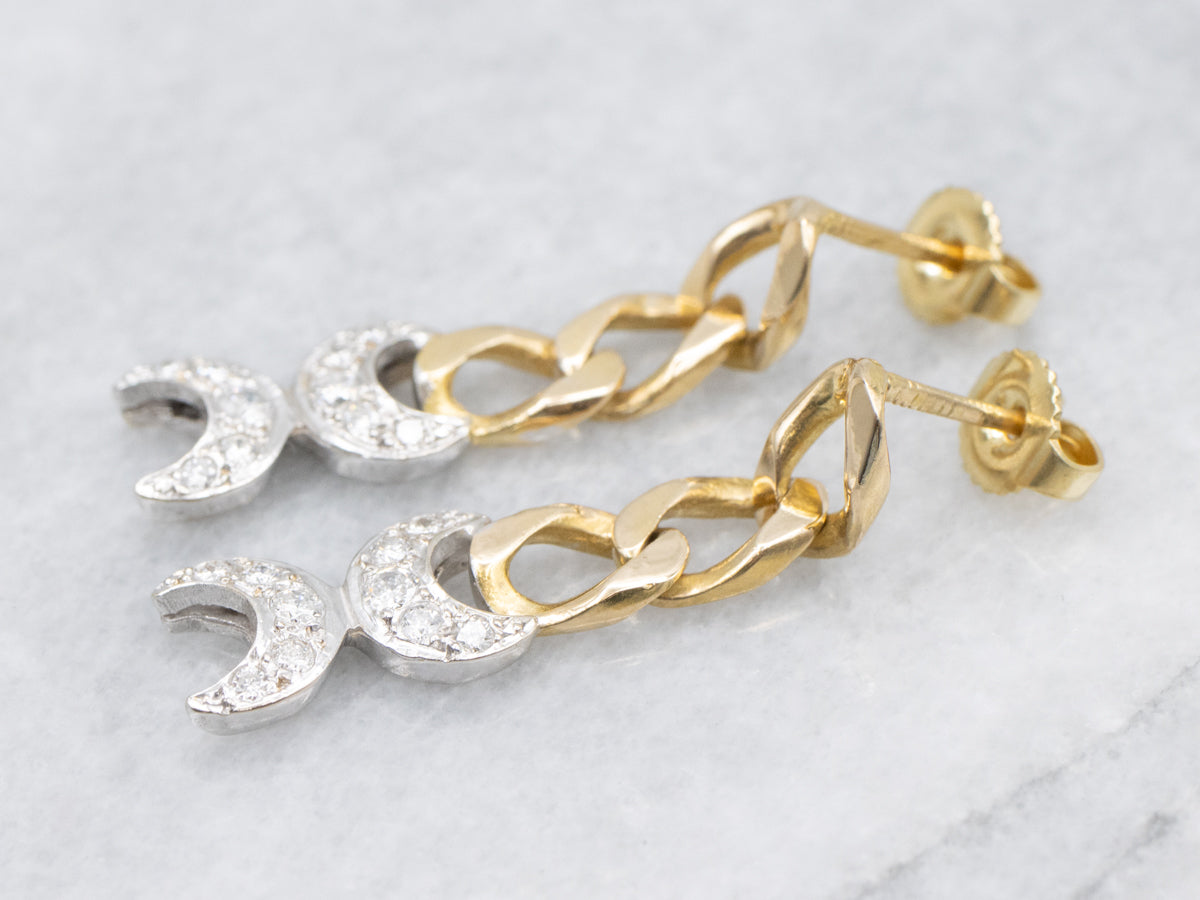 Two-Tone Gold Diamond Moon Phase Drop Earrings