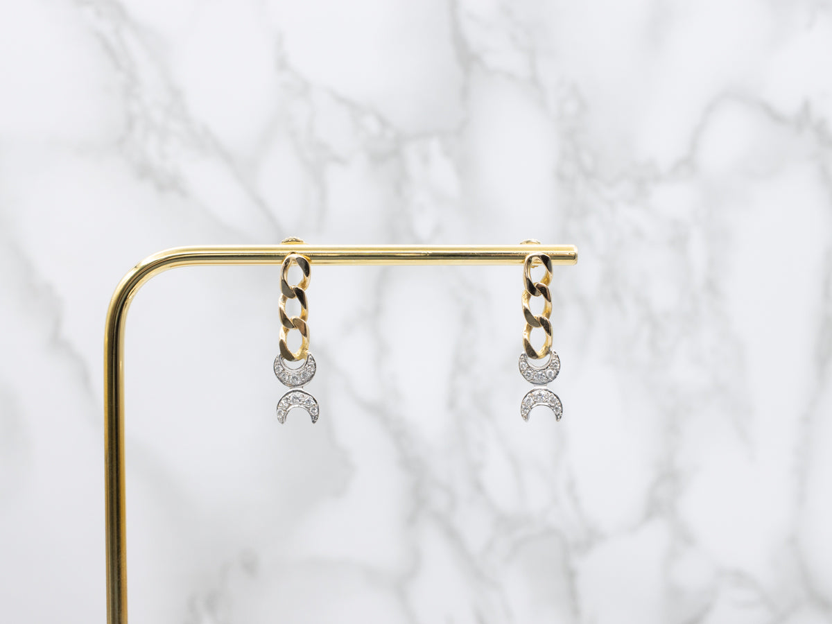 Two-Tone Gold Diamond Moon Phase Drop Earrings