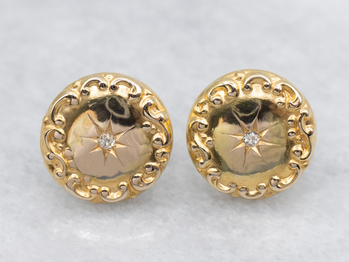 Mine Cut Diamond Cufflink Conversion Gold Stud Earrings
