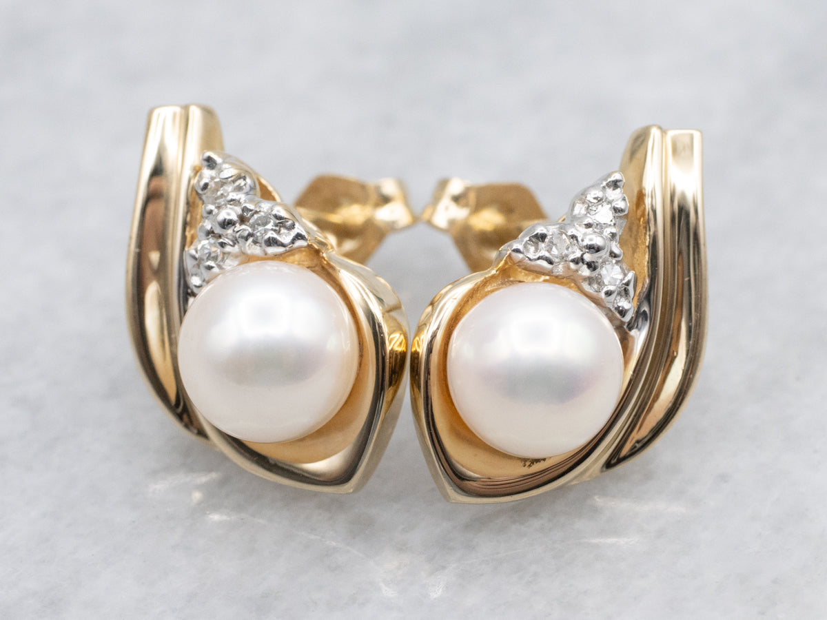Saltwater Pearl and Diamond Gold Stud Earrings