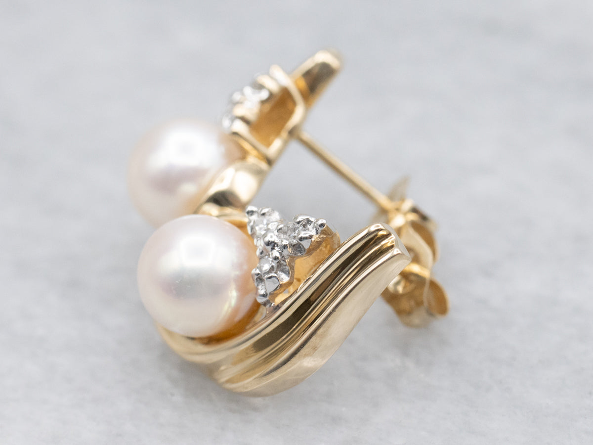 Saltwater Pearl and Diamond Gold Stud Earrings