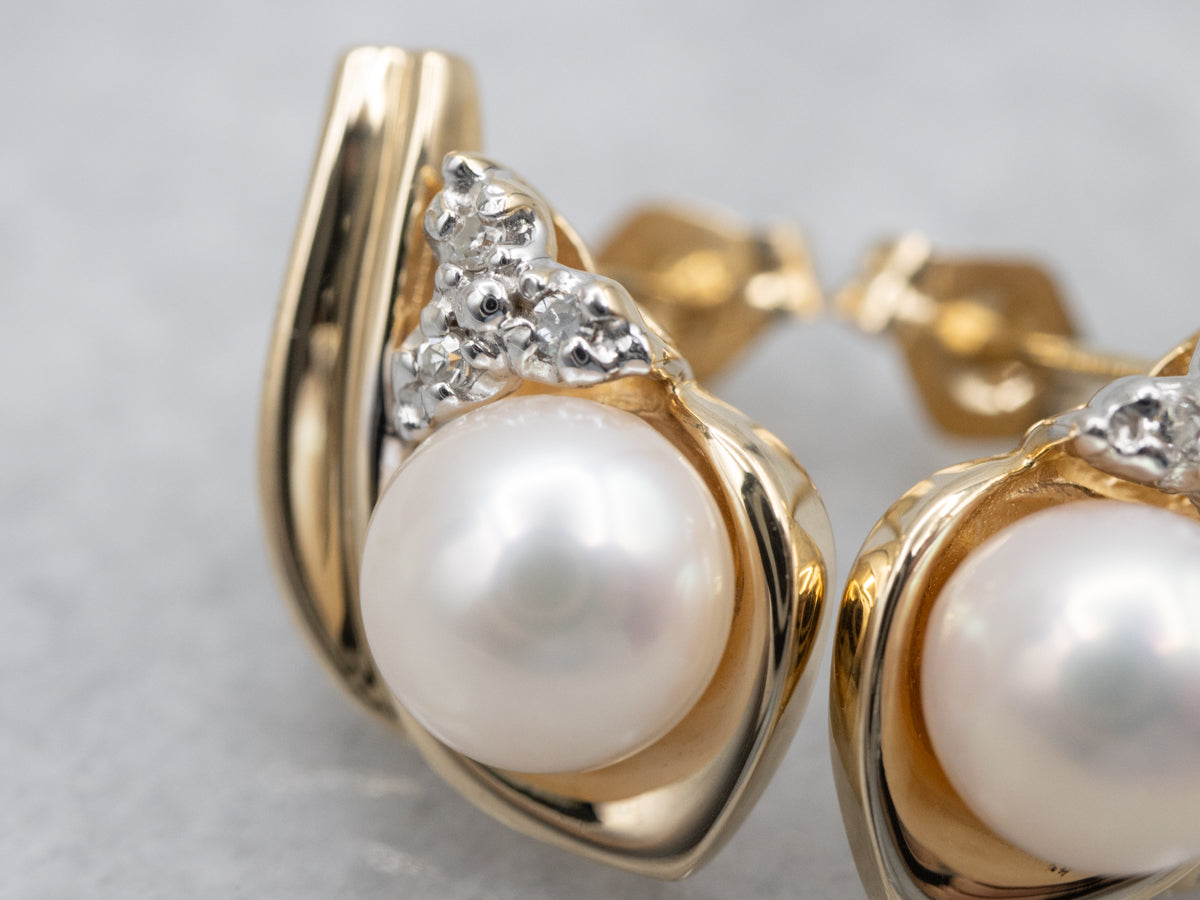 Saltwater Pearl and Diamond Gold Stud Earrings