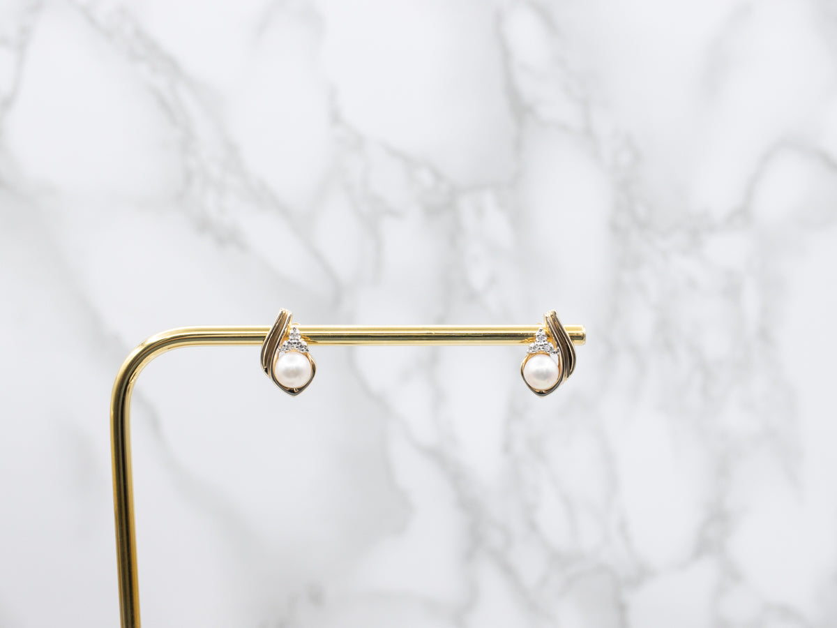 Saltwater Pearl and Diamond Gold Stud Earrings