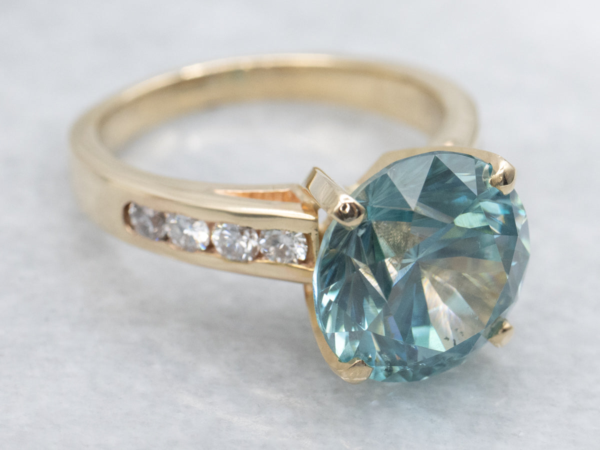 Blue Zircon and Diamond Gold Cocktail Ring