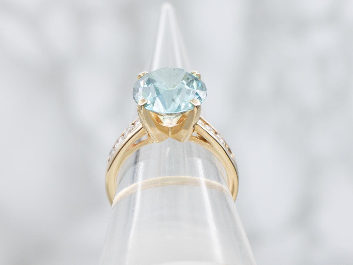 Blue Zircon and Diamond Gold Cocktail Ring