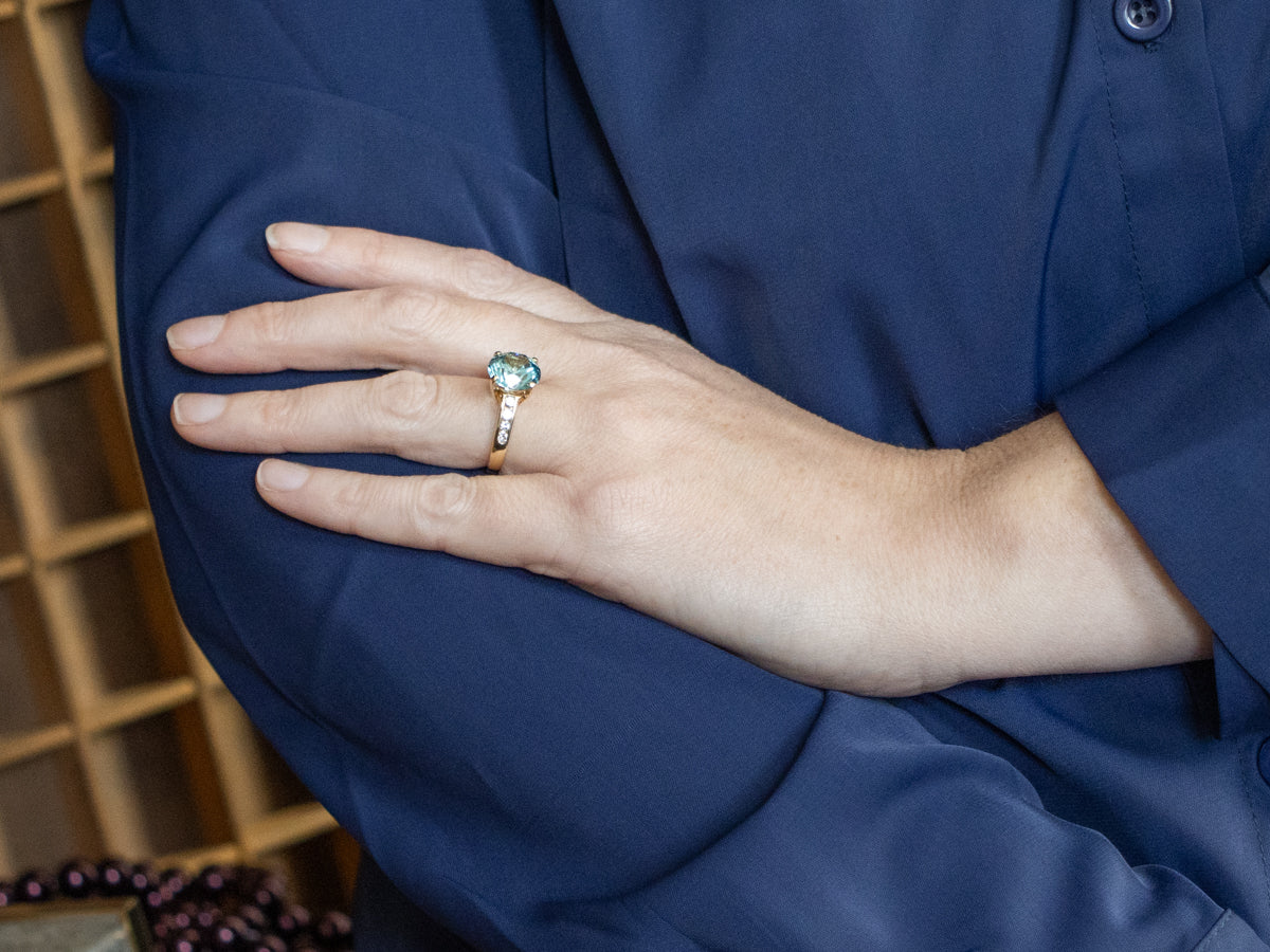 Blue Zircon and Diamond Gold Cocktail Ring
