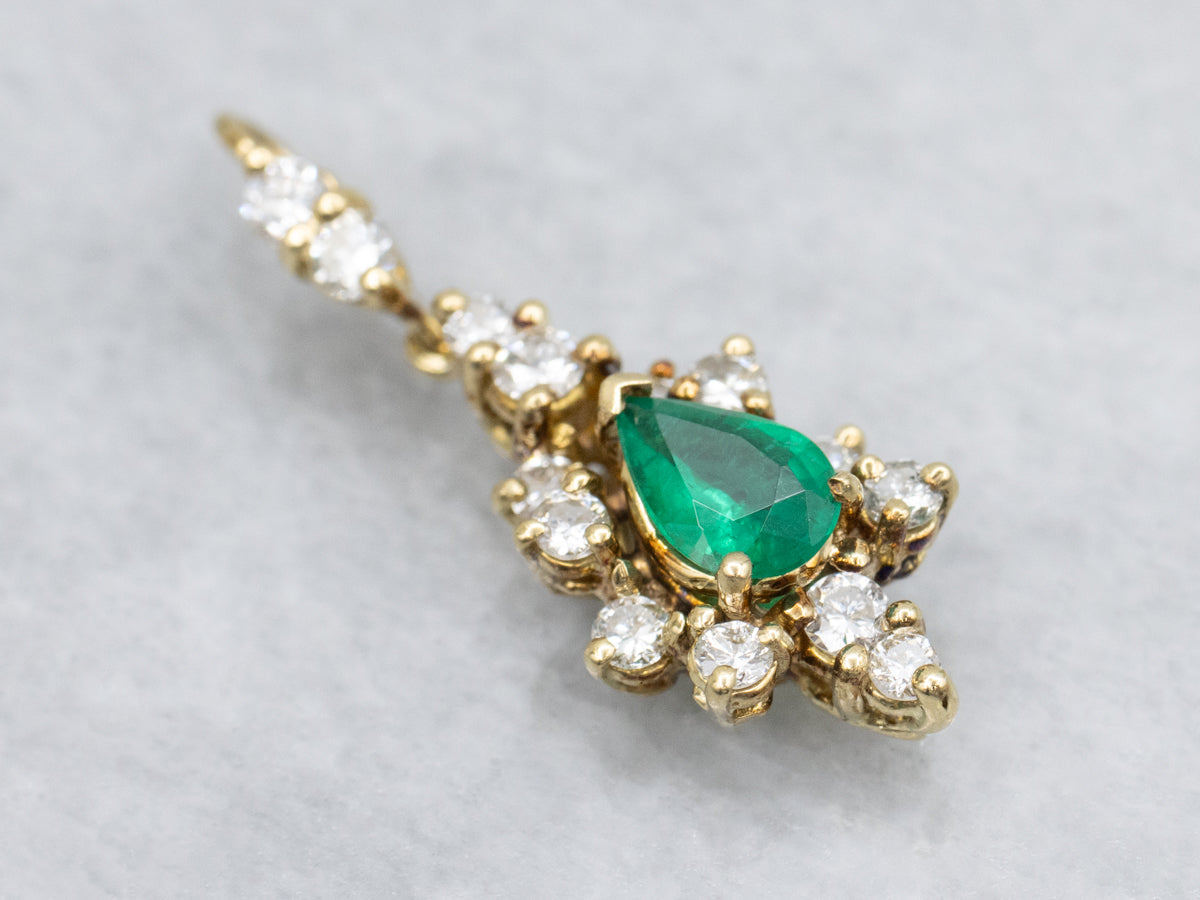 Pear Cut Emerald and Diamond Halo Drop Pendant