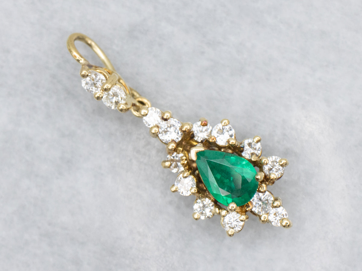 Pear Cut Emerald and Diamond Halo Drop Pendant