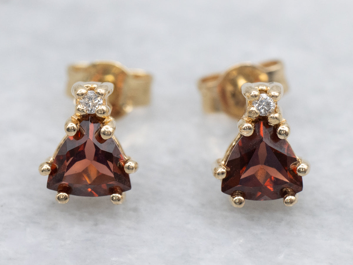 Trillion Cut Garnet and Diamond Gold Stud Earrings