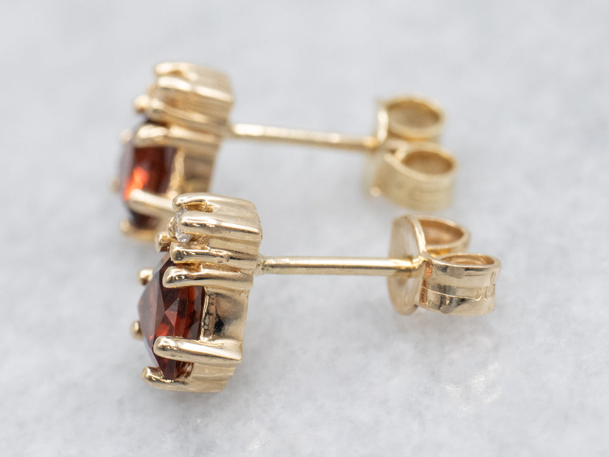 Trillion Cut Garnet and Diamond Gold Stud Earrings
