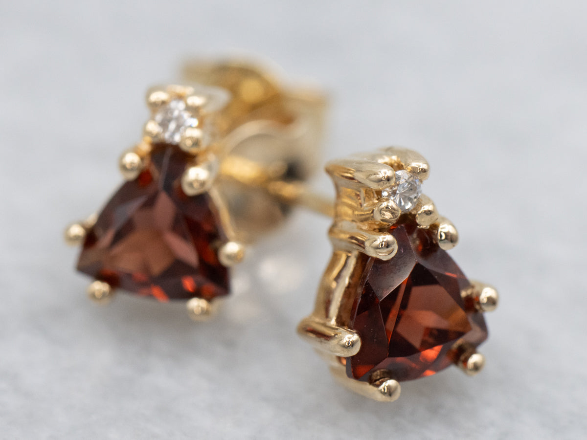Trillion Cut Garnet and Diamond Gold Stud Earrings