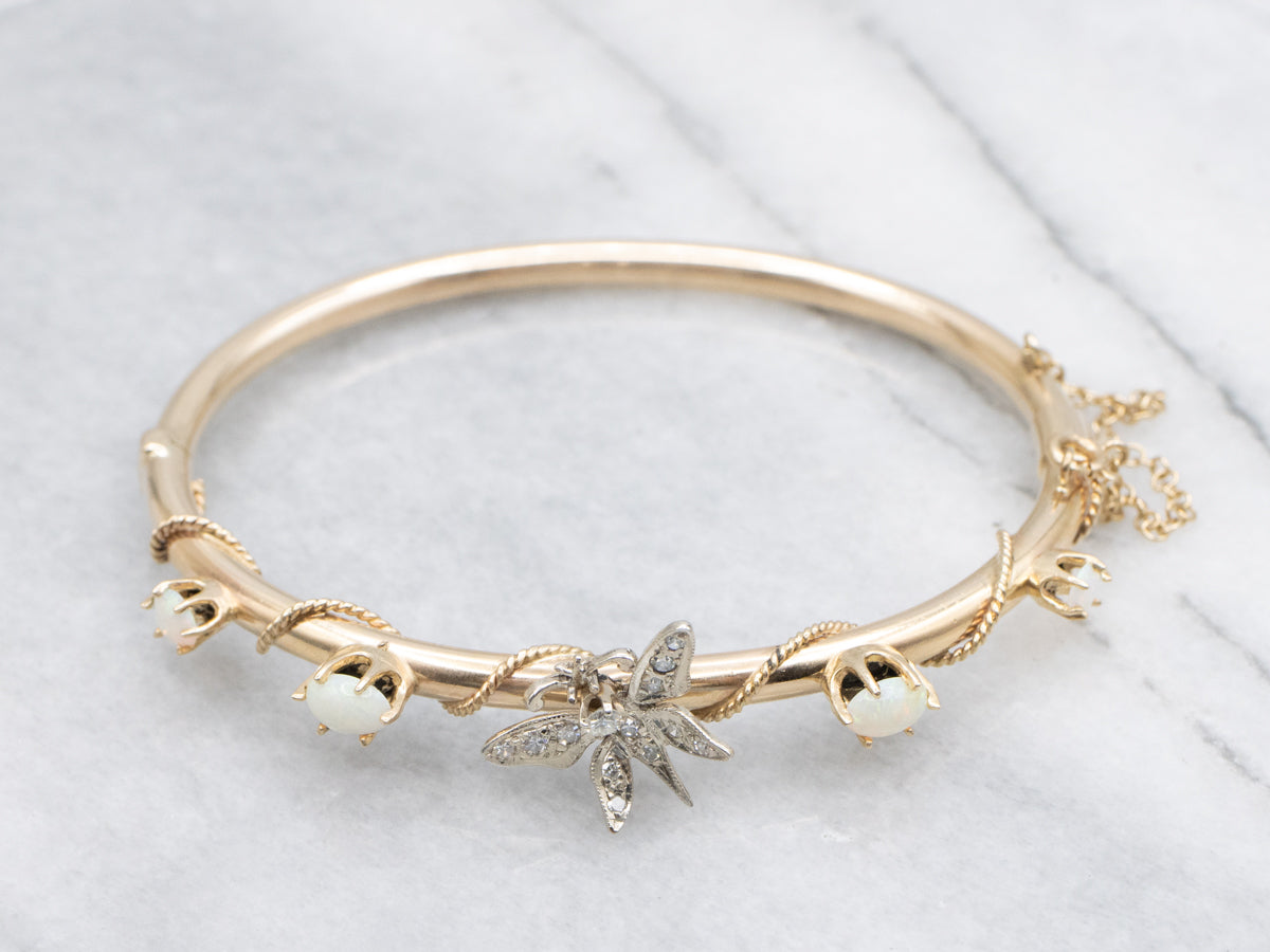 Two Tone Opal and Diamond Butterfly Bangle Bracelet