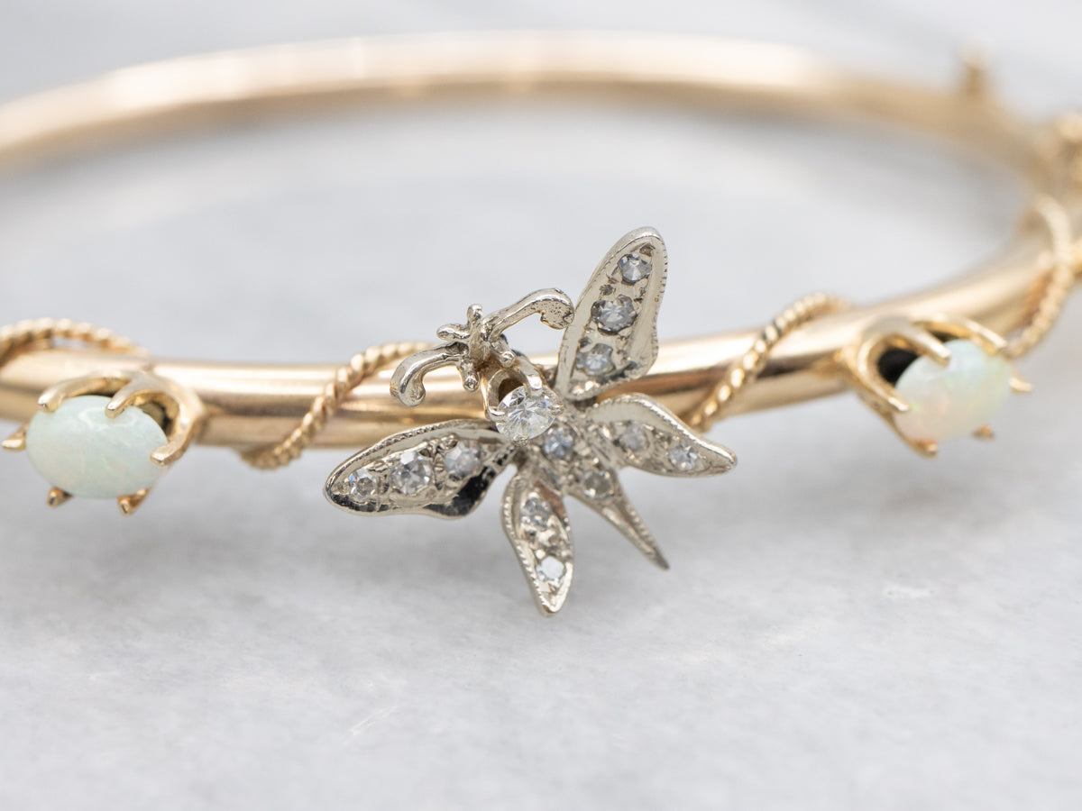 Two Tone Opal and Diamond Butterfly Bangle Bracelet