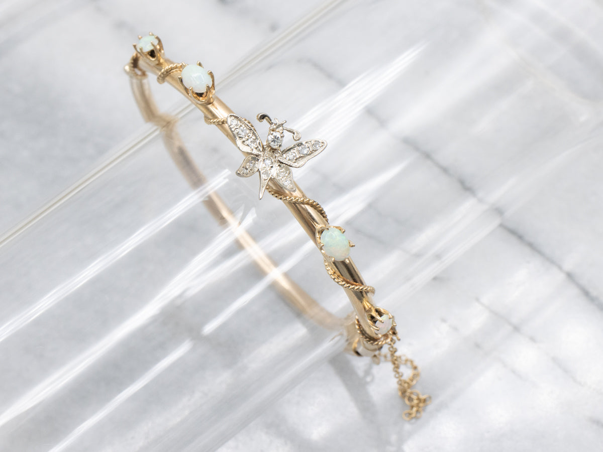 Two Tone Opal and Diamond Butterfly Bangle Bracelet