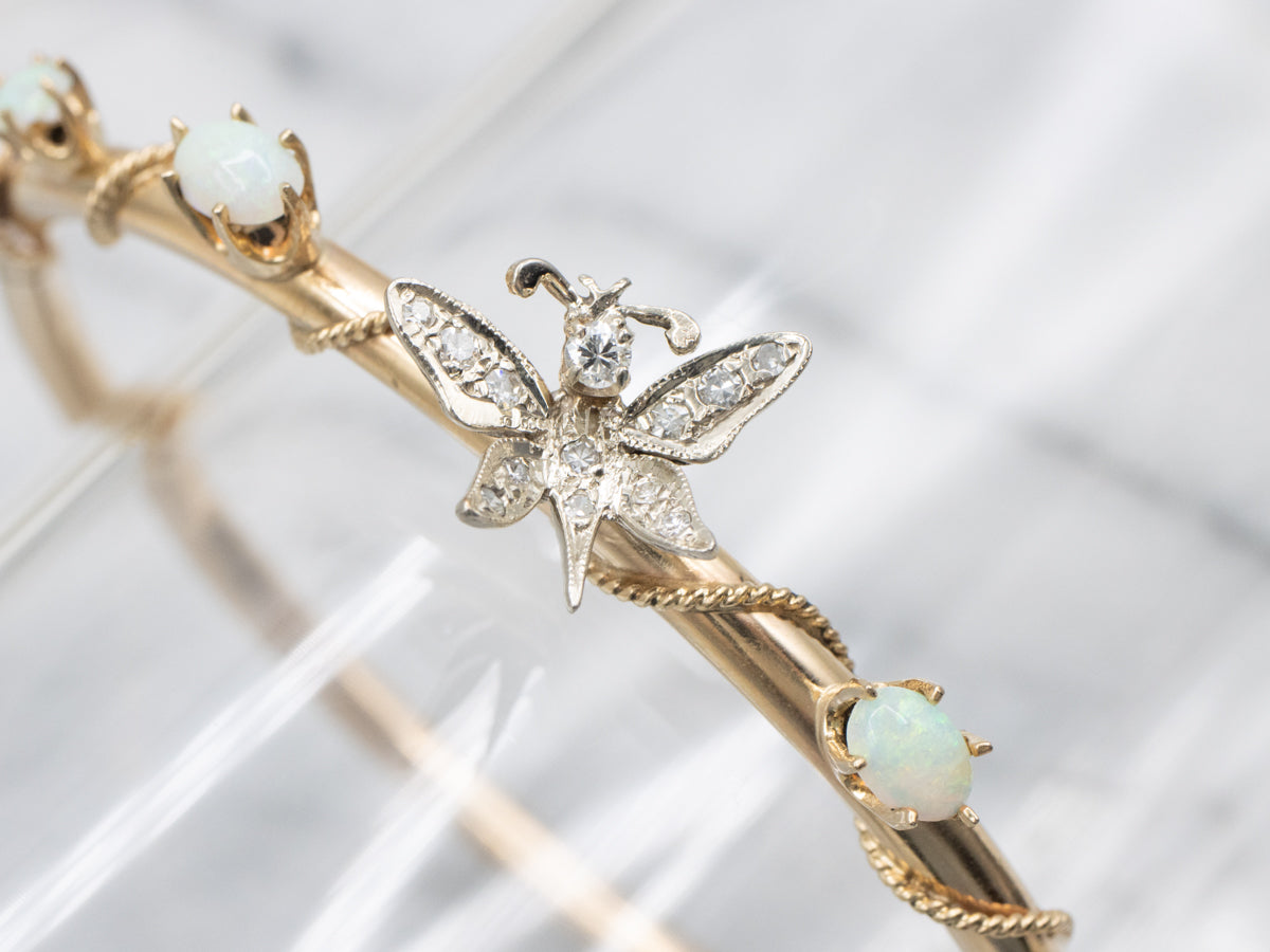 Two Tone Opal and Diamond Butterfly Bangle Bracelet