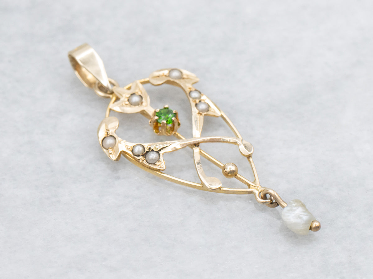 Art Nouveau Demantoid Garnet and Pearl Lavalier Pendant