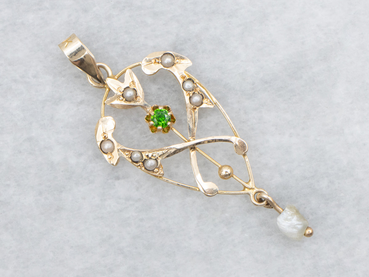 Art Nouveau Demantoid Garnet and Pearl Lavalier Pendant