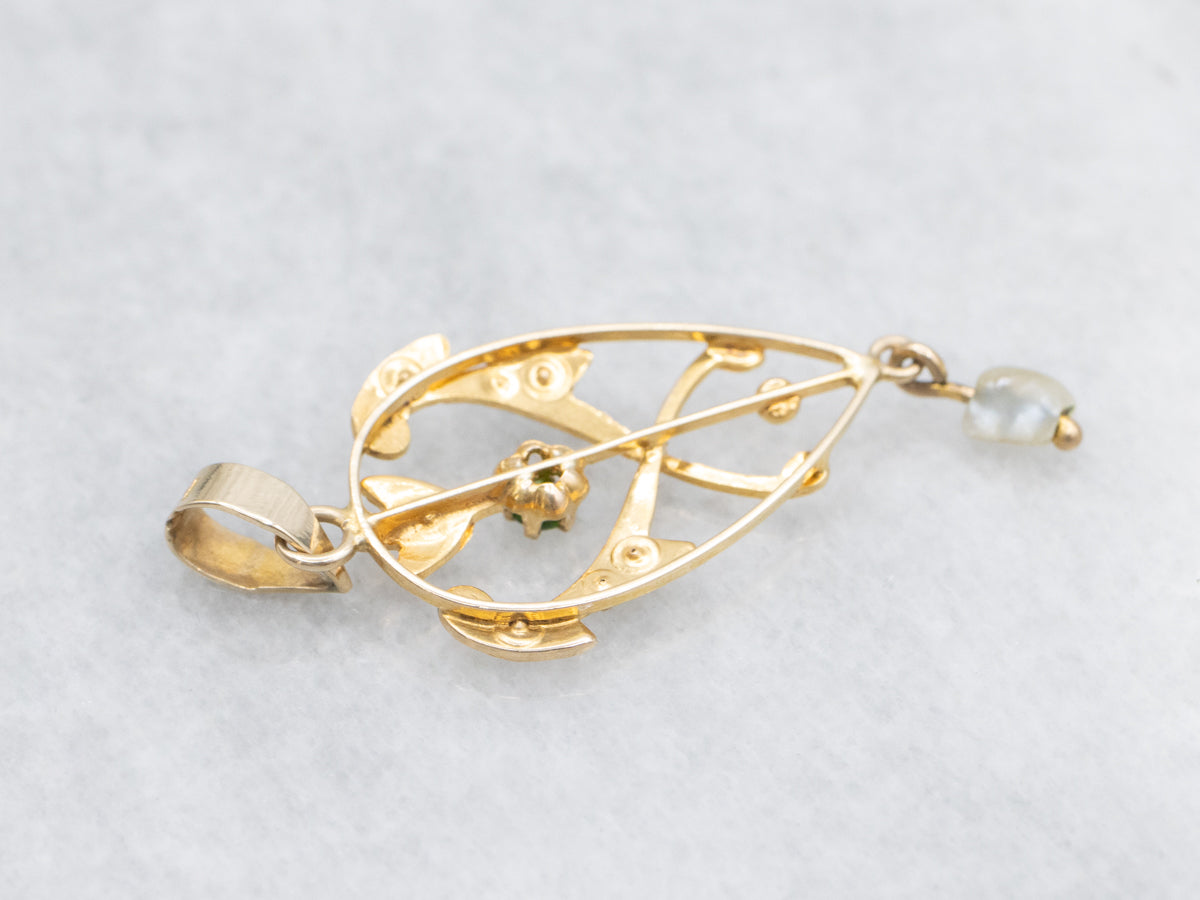 Art Nouveau Demantoid Garnet and Pearl Lavalier Pendant