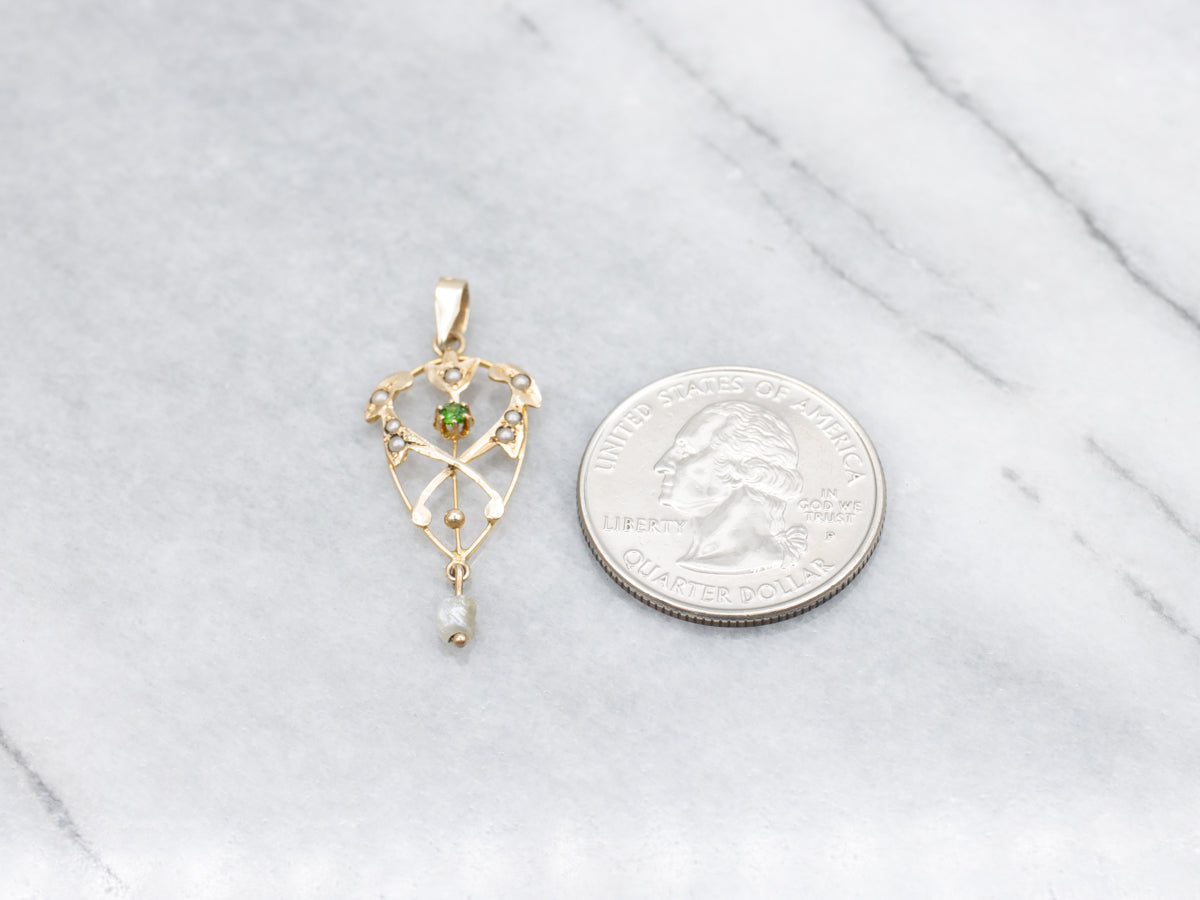 Art Nouveau Demantoid Garnet and Pearl Lavalier Pendant