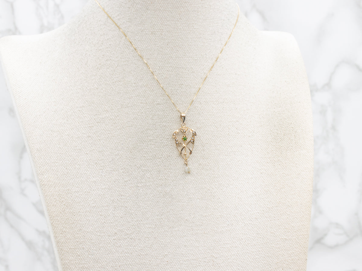 Art Nouveau Demantoid Garnet and Pearl Lavalier Pendant
