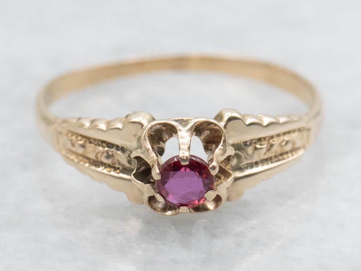Ostby and Barton Buttercup Set Ruby Antique Solitaire Ring