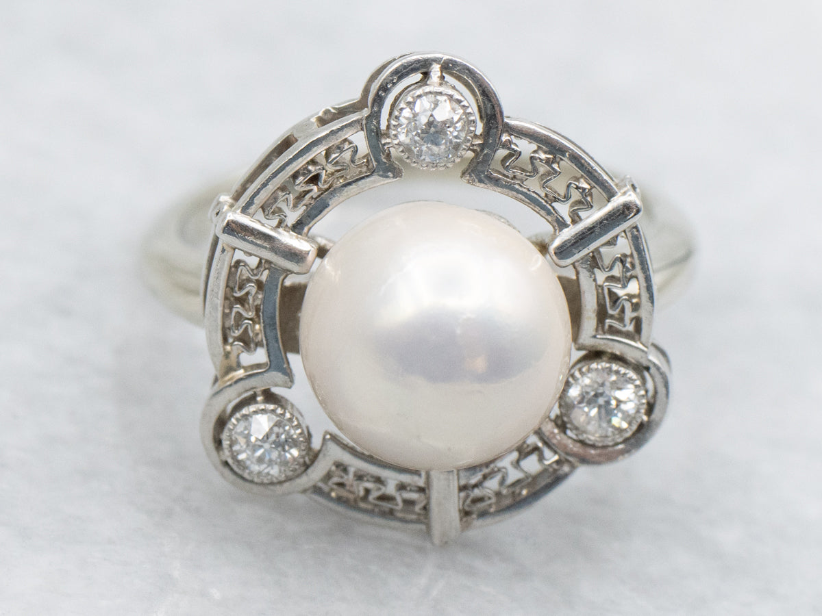 Retro Freshwater Pearl and Old Mine Cut Diamond Cocktail Ring