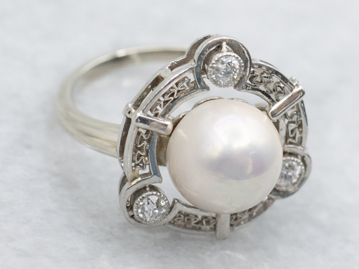 Retro Freshwater Pearl and Old Mine Cut Diamond Cocktail Ring