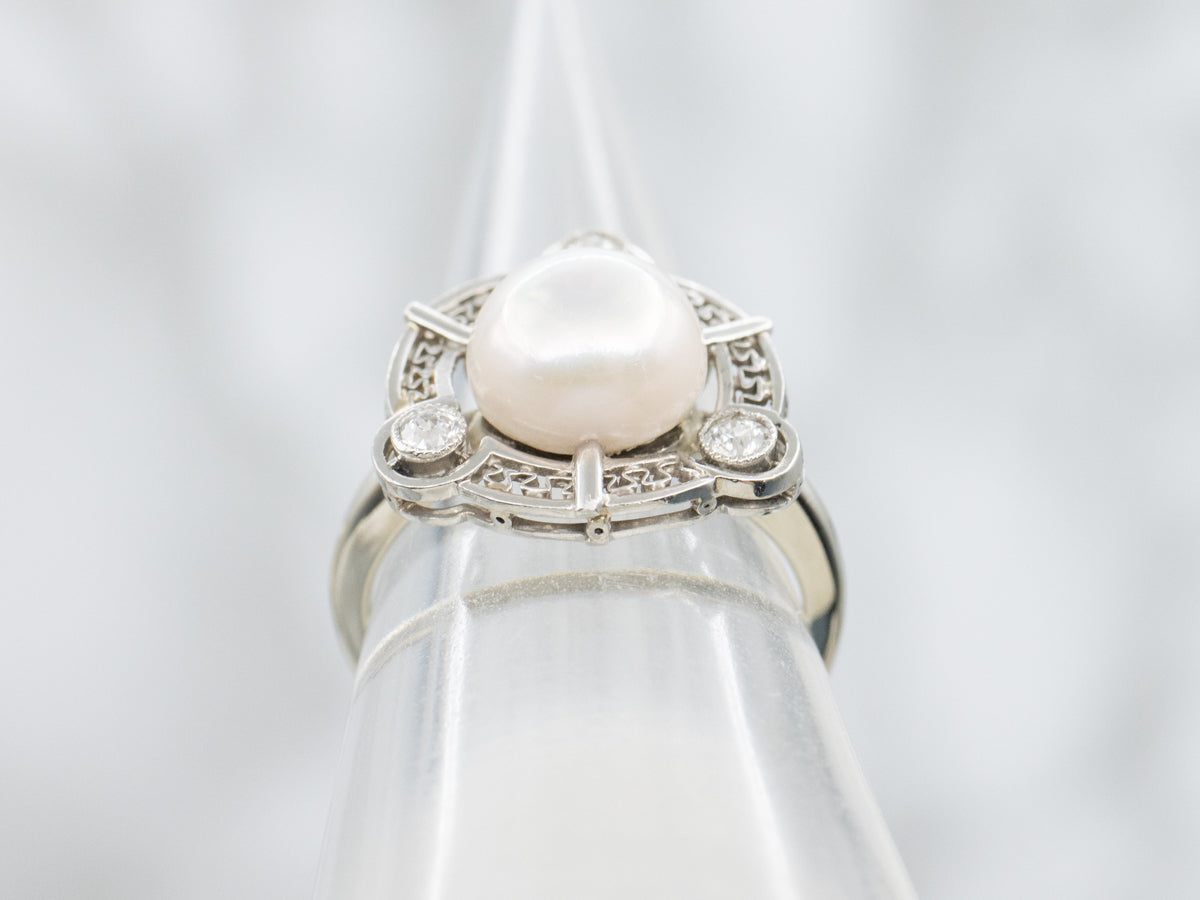Retro Freshwater Pearl and Old Mine Cut Diamond Cocktail Ring