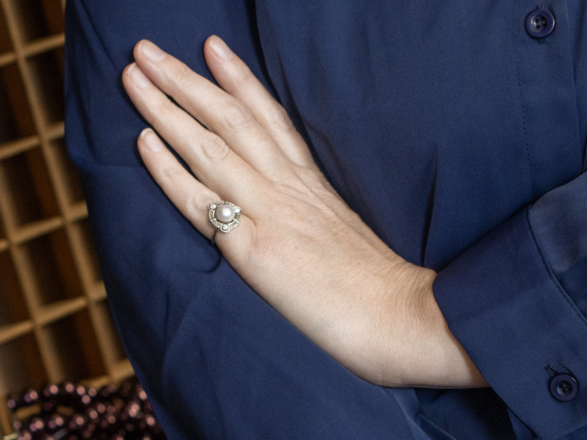 Retro Freshwater Pearl and Old Mine Cut Diamond Cocktail Ring