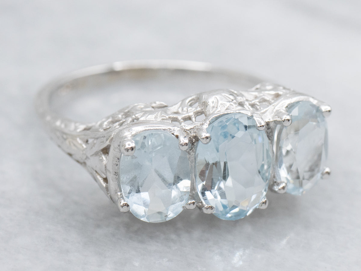 Stunning Art Deco White Gold Amazing Filigree Aquamarine Ring