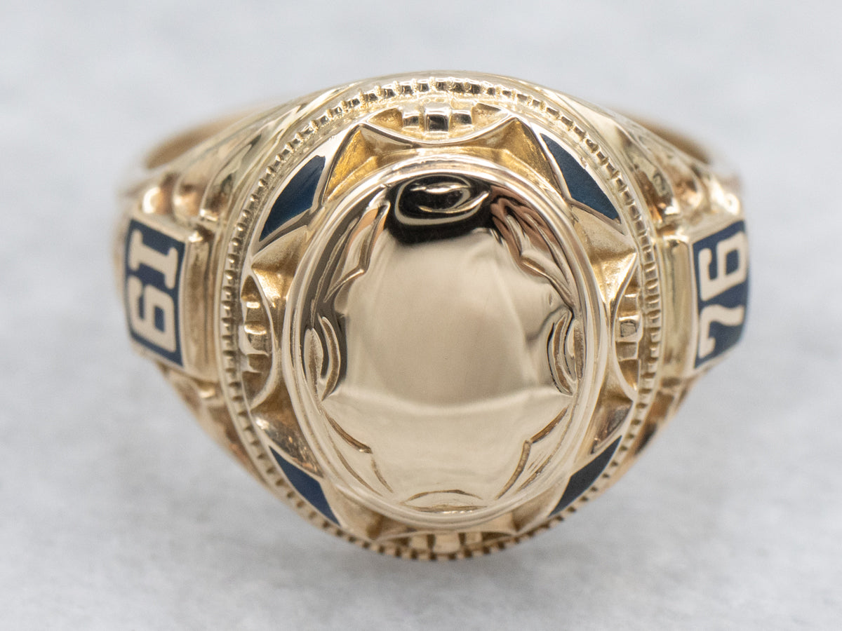 Vintage Blue Enamel "1976" Gold Class Signet Ring