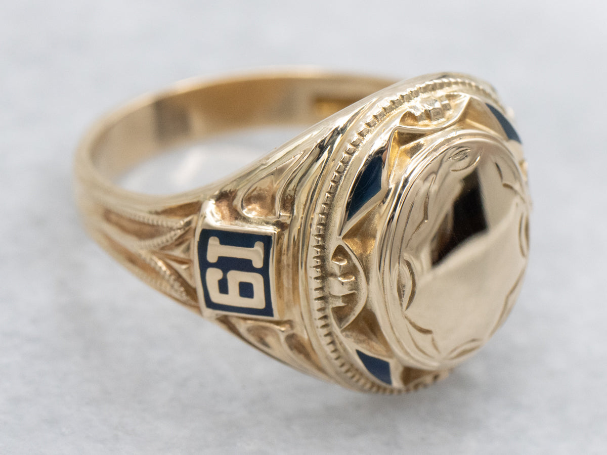 Vintage Blue Enamel "1976" Gold Class Signet Ring