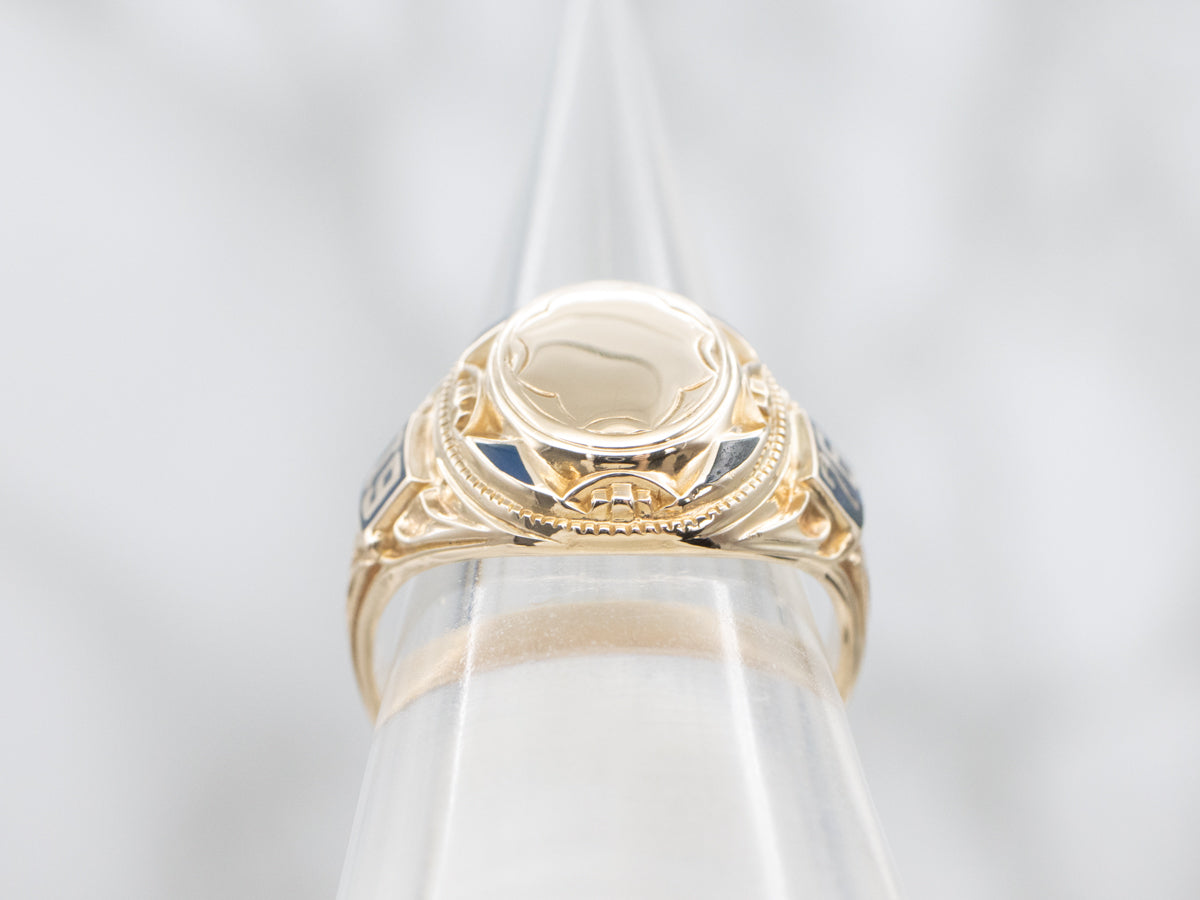 Vintage Blue Enamel "1976" Gold Class Signet Ring