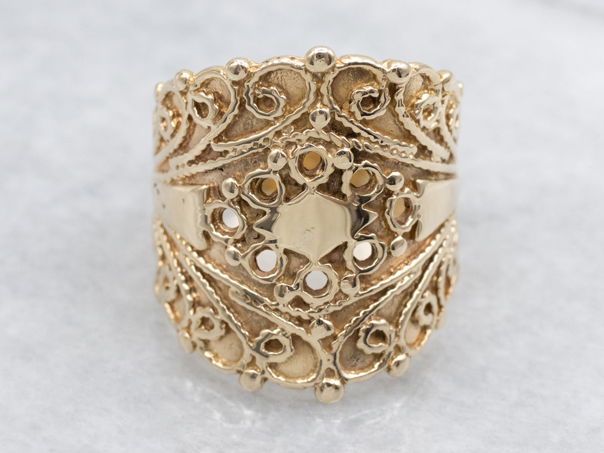 Ornate Wide Scrolling Patterned Yellow Gold Band