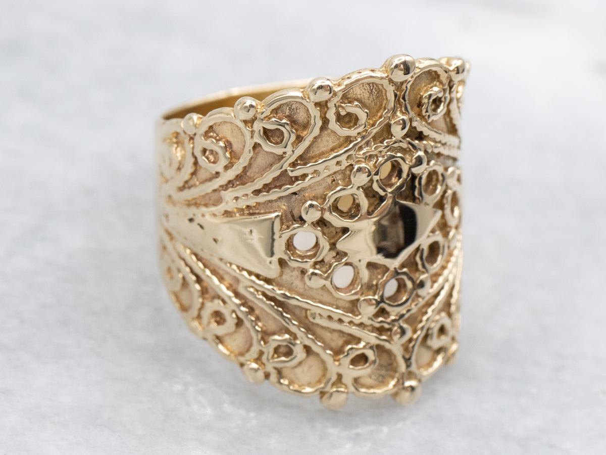 Ornate Wide Scrolling Patterned Yellow Gold Band