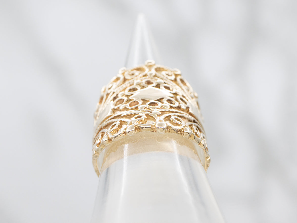 Ornate Wide Scrolling Patterned Yellow Gold Band