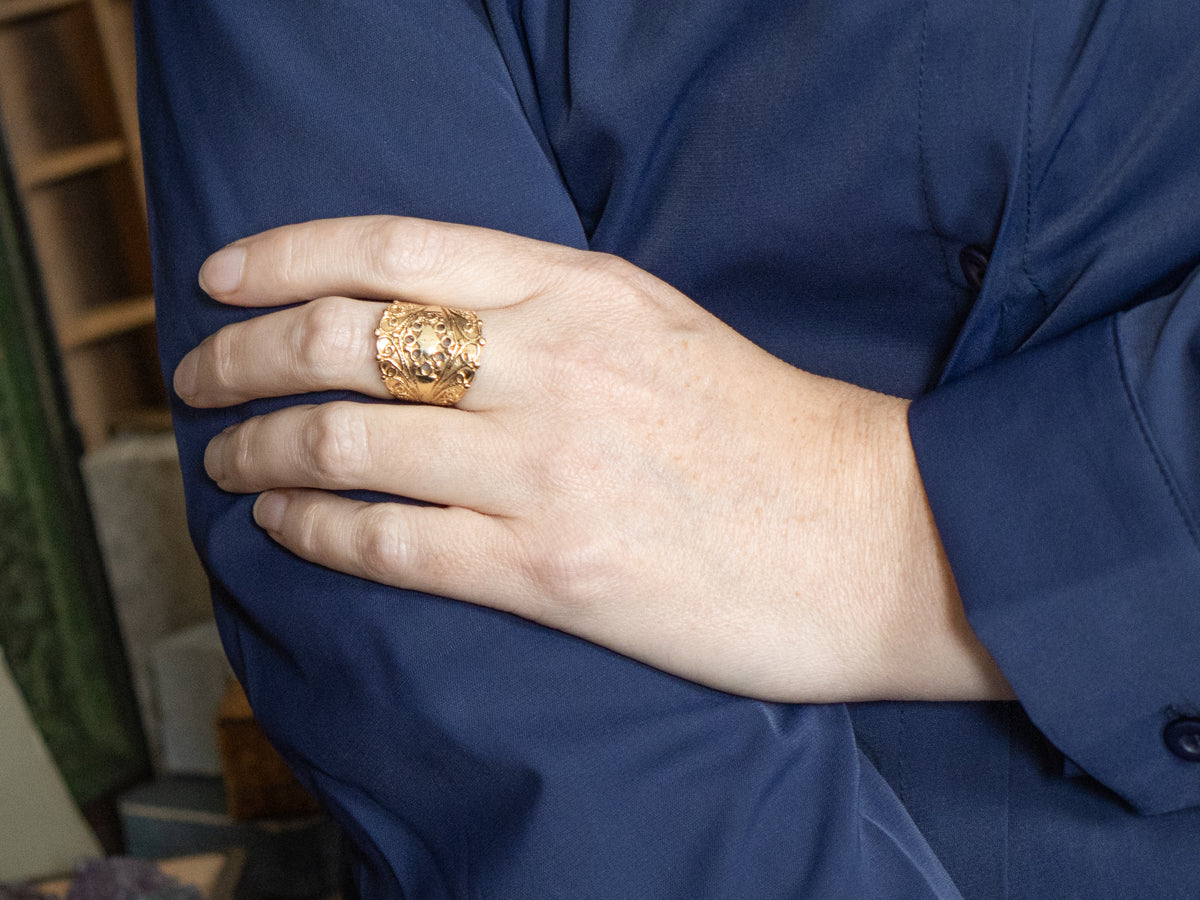 Ornate Wide Scrolling Patterned Yellow Gold Band