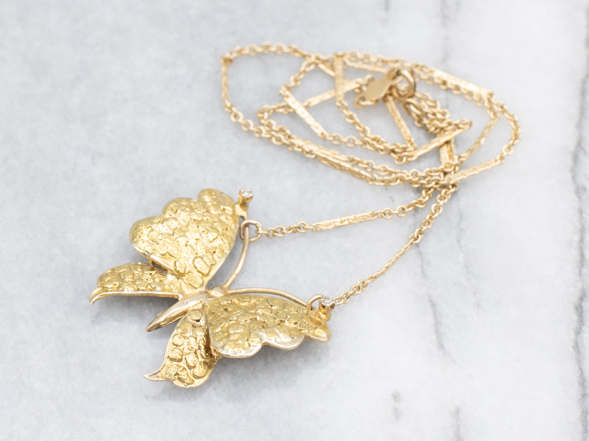 Textured Gold Diamond Butterfly Bar-Link Necklace