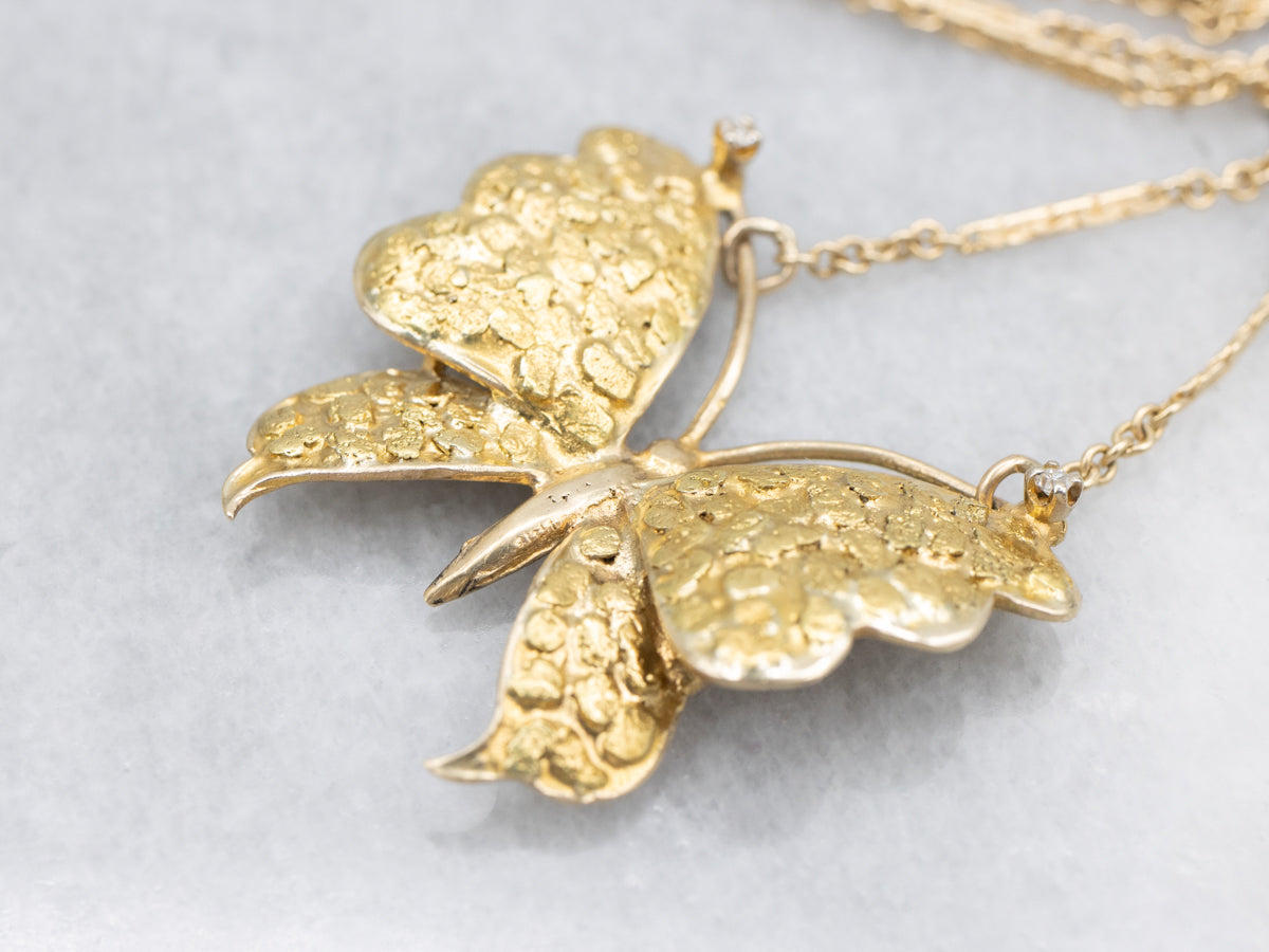 Textured Gold Diamond Butterfly Bar-Link Necklace