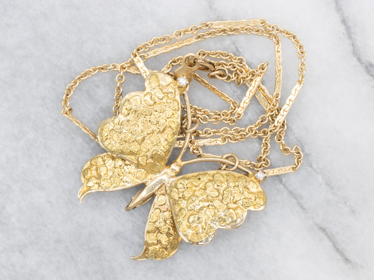 Textured Gold Diamond Butterfly Bar-Link Necklace