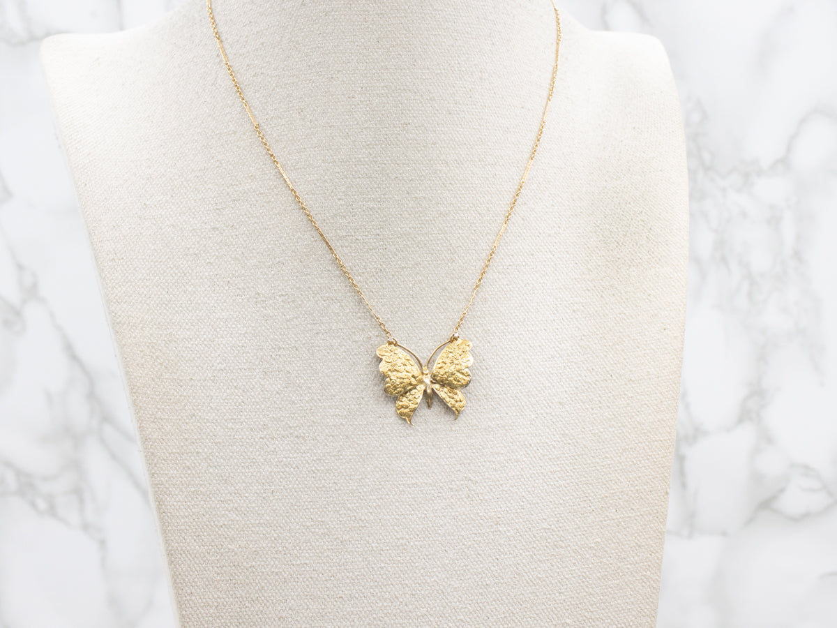 Textured Gold Diamond Butterfly Bar-Link Necklace