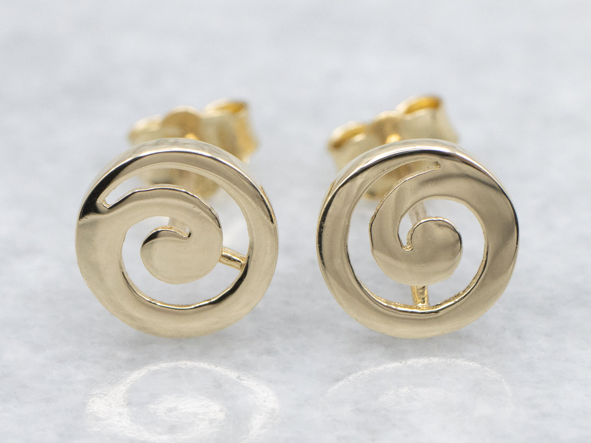 Round Swirling Yellow Gold Stud Earrings