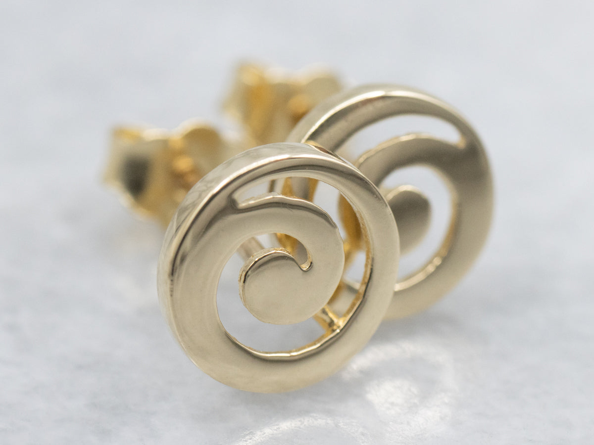 Round Swirling Yellow Gold Stud Earrings