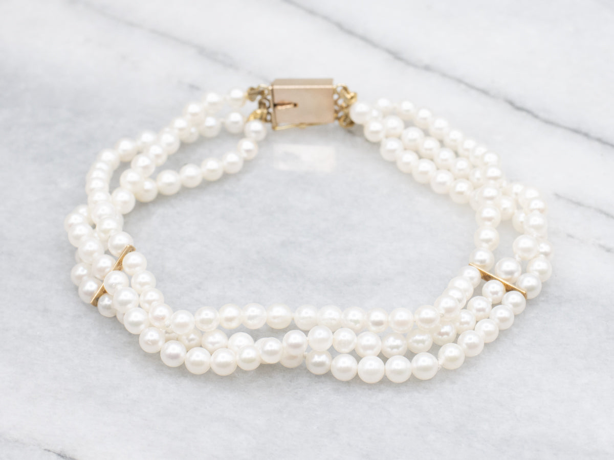 Triple Strand Saltwater Pearl Beaded Bracelet with Gold Clasp