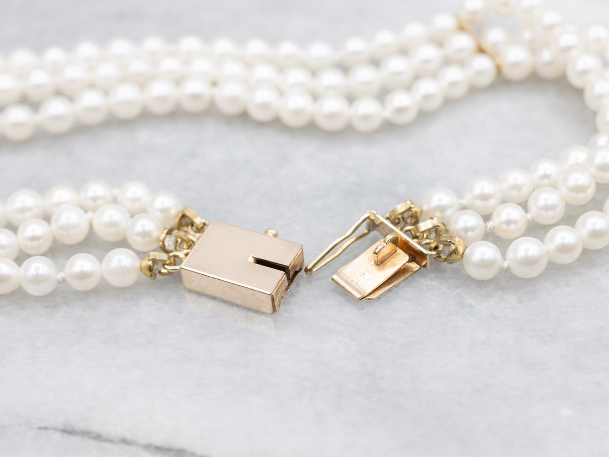 Triple Strand Saltwater Pearl Beaded Bracelet with Gold Clasp