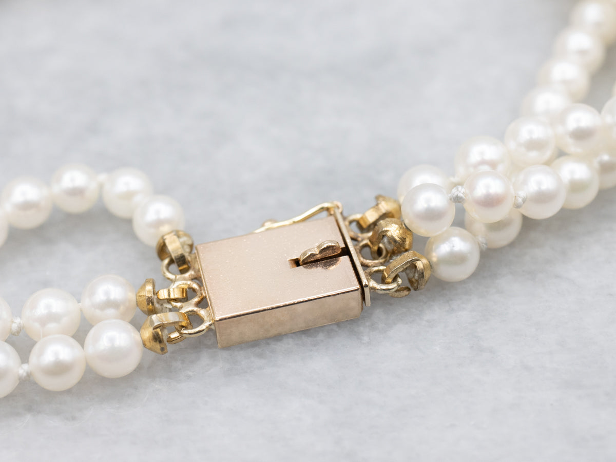 Triple Strand Saltwater Pearl Beaded Bracelet with Gold Clasp