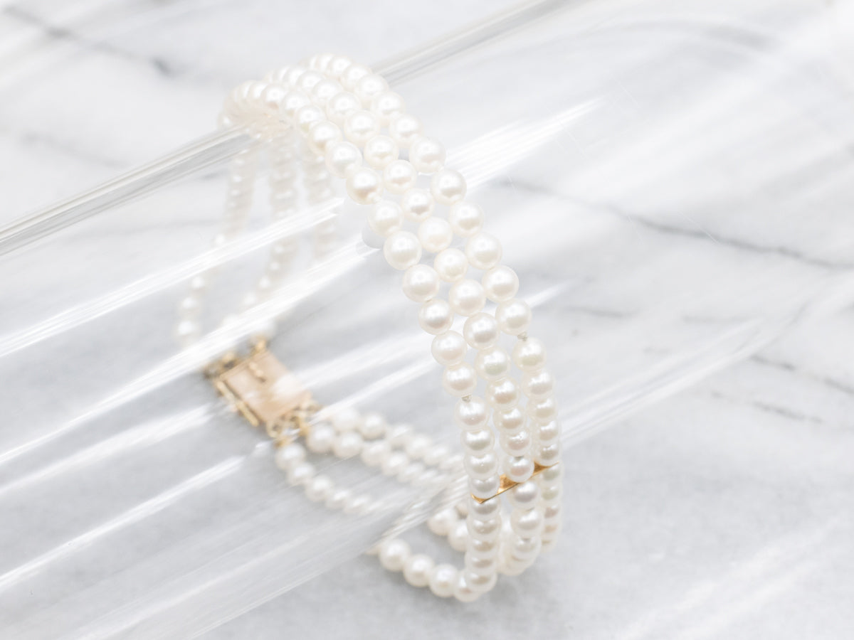 Triple Strand Saltwater Pearl Beaded Bracelet with Gold Clasp