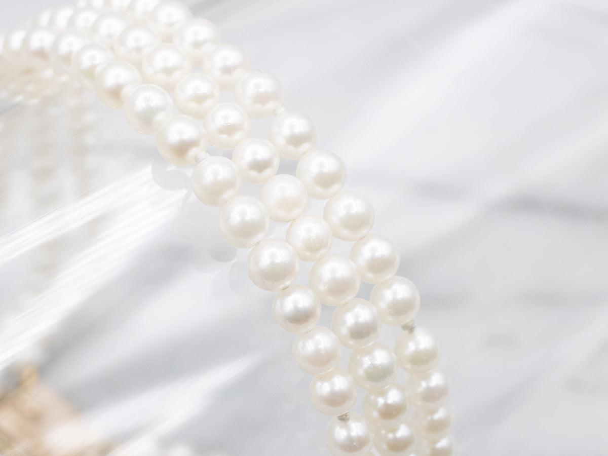 Triple Strand Saltwater Pearl Beaded Bracelet with Gold Clasp