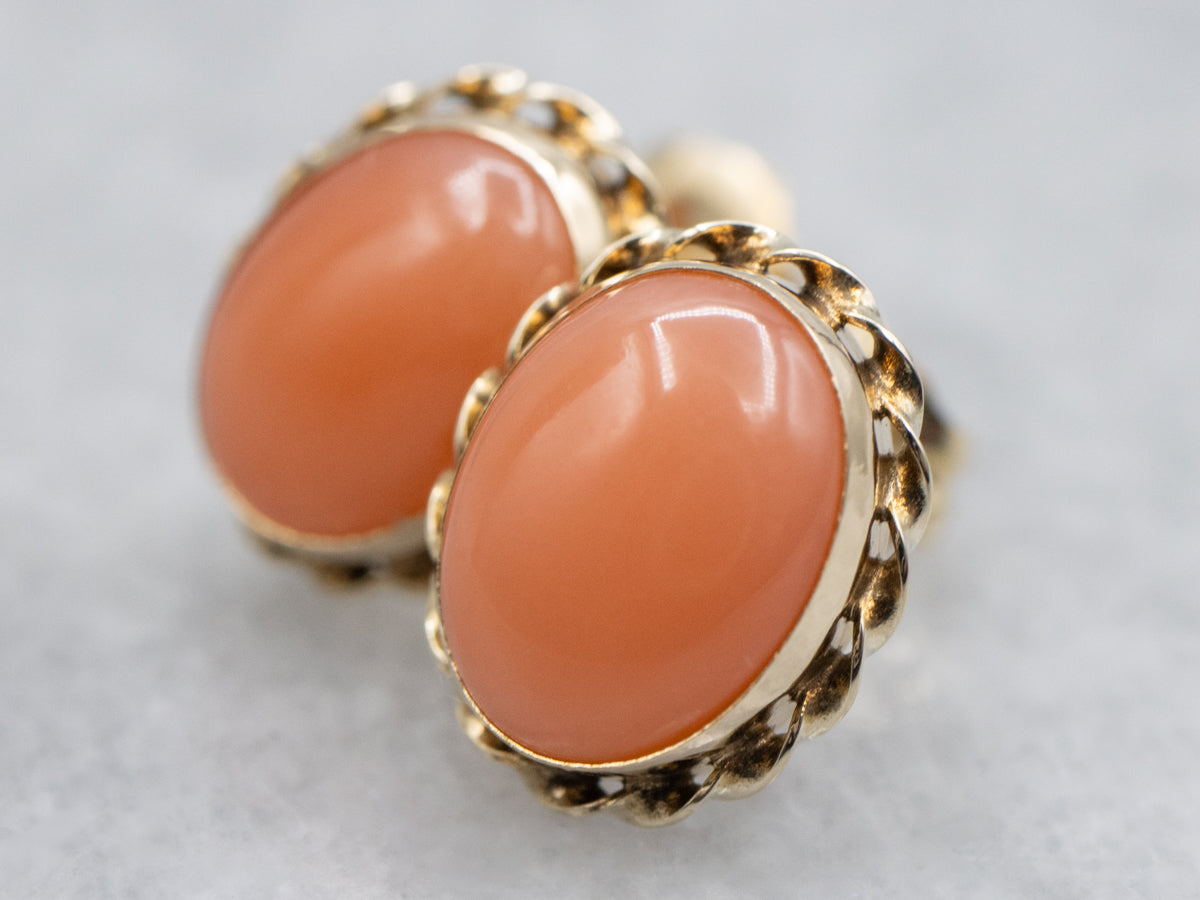 Vintage Imitation Coral Gold Stud Earrings