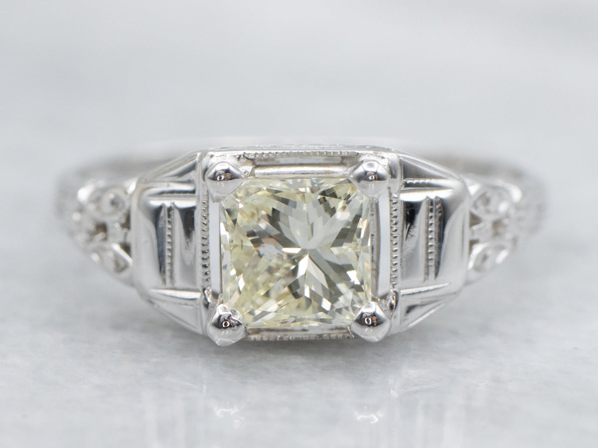 Baby Yellow Princess Cut Diamond 1940s Engagement Ring